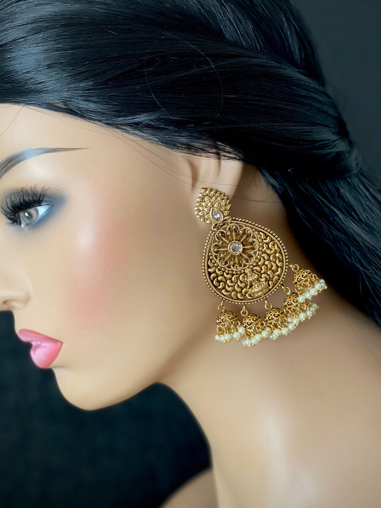 Antique Gold finished Goddess Lakshmi Jhumkas / Women jhumki Earrings / bridal earrings / Temple Jhumka earrings