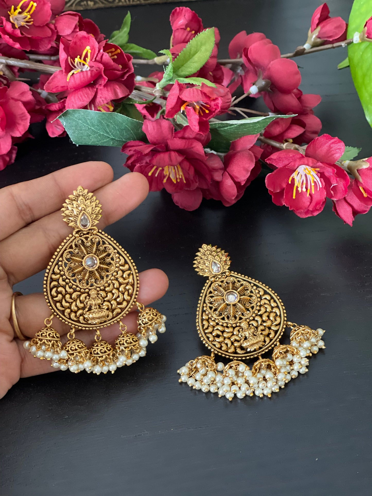 Antique Gold finished Goddess Lakshmi Jhumkas / Women jhumki Earrings / bridal earrings / Temple Jhumka earrings