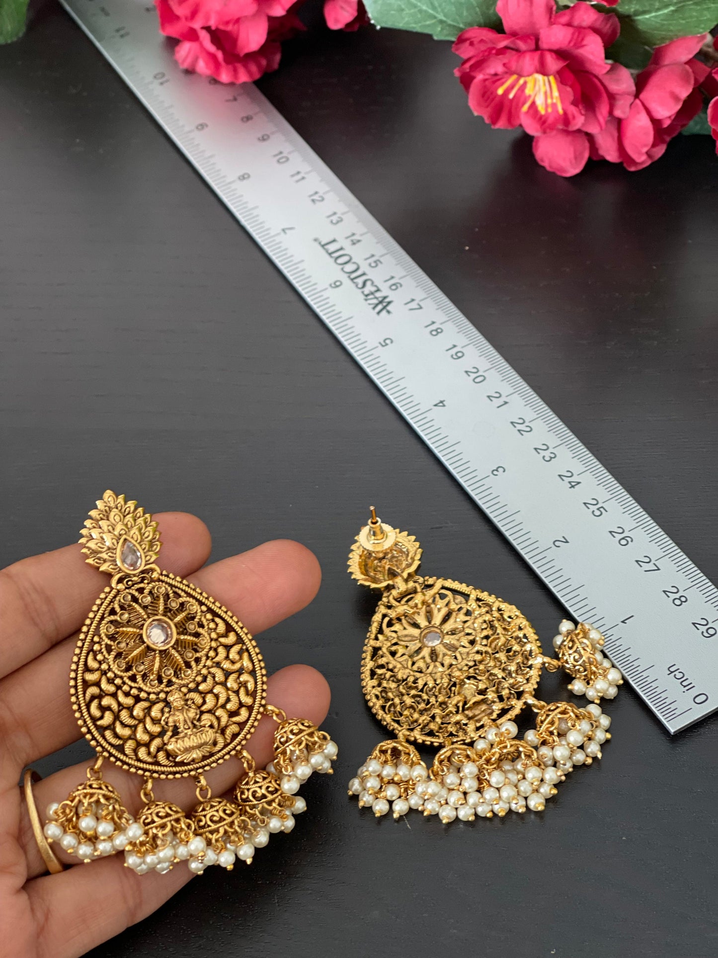 Antique Gold finished Goddess Lakshmi Jhumkas / Women jhumki Earrings / bridal earrings / Temple Jhumka earrings