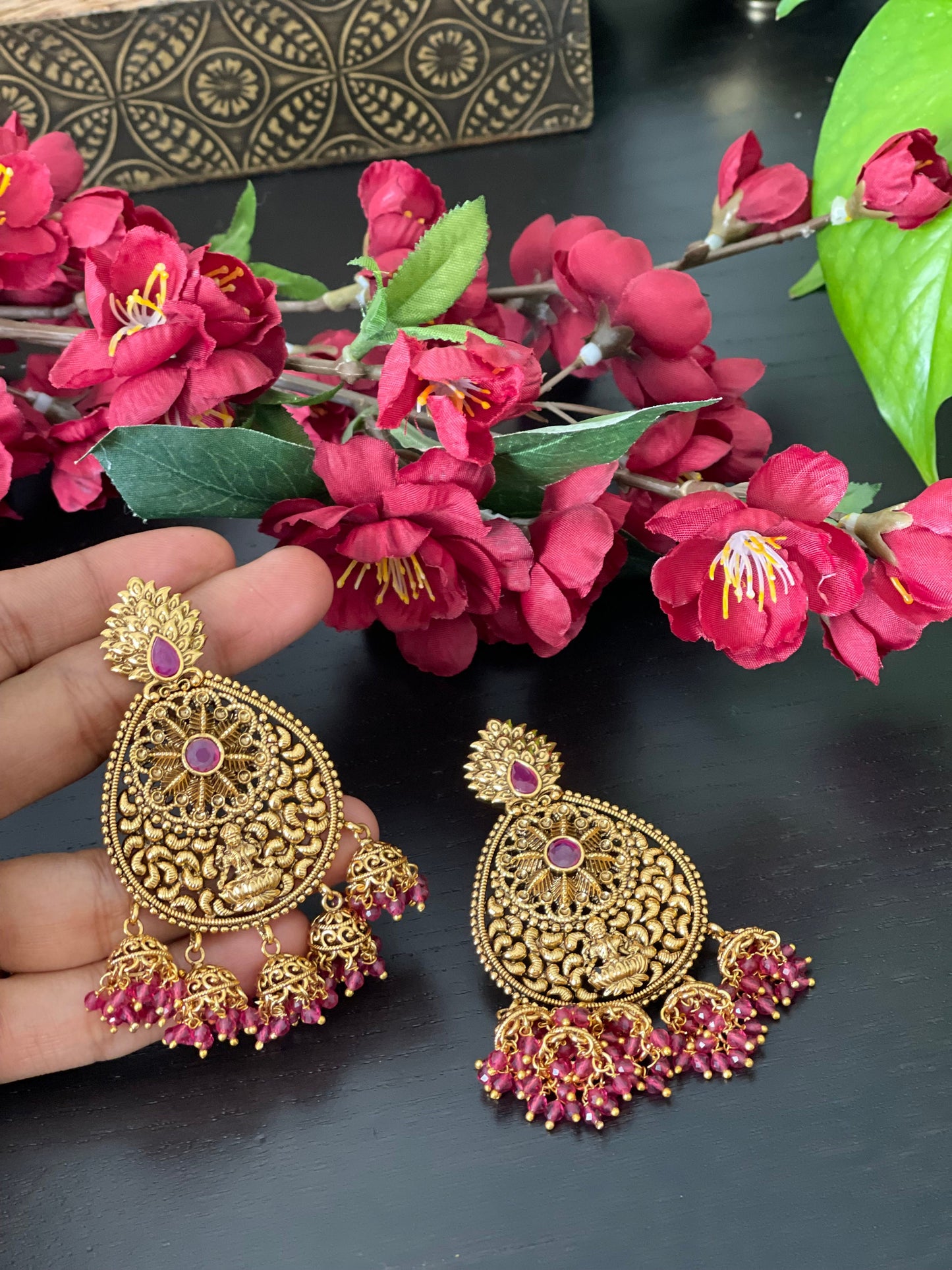 Antique Gold finished Goddess Lakshmi Jhumkas / Women jhumki Earrings / bridal earrings / Temple Jhumka earrings