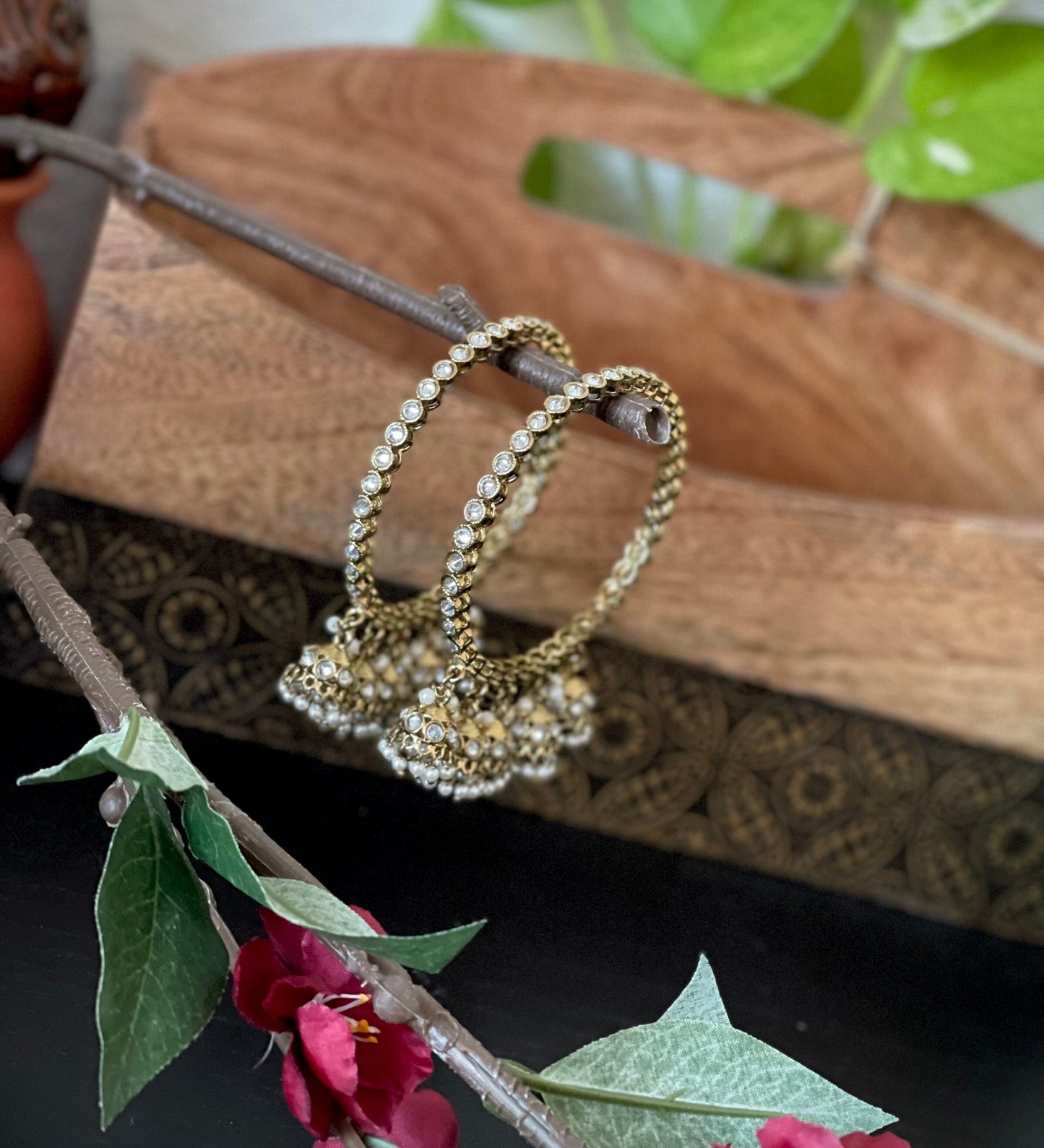 A pair of Mehendi finished polki bangles with hanging jhumkas in size 2.6” / Wedding bangles / Indian Jewelry / polki pearl bangles