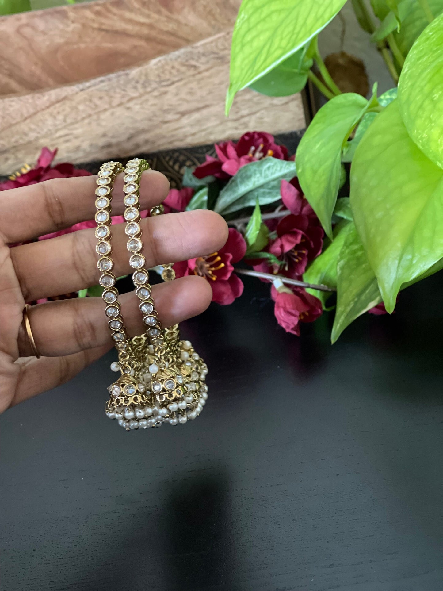 A pair of Mehendi finished polki bangles with hanging jhumkas in size 2.6” / Wedding bangles / Indian Jewelry / polki pearl bangles