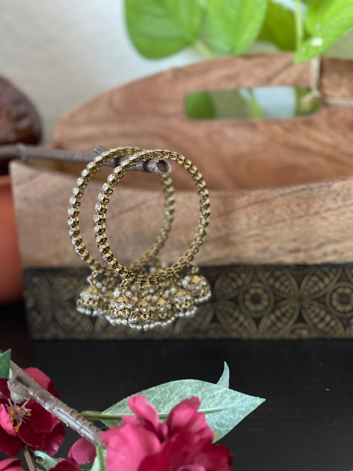 A pair of Mehendi finished polki bangles with hanging jhumkas in size 2.6” / Wedding bangles / Indian Jewelry / polki pearl bangles