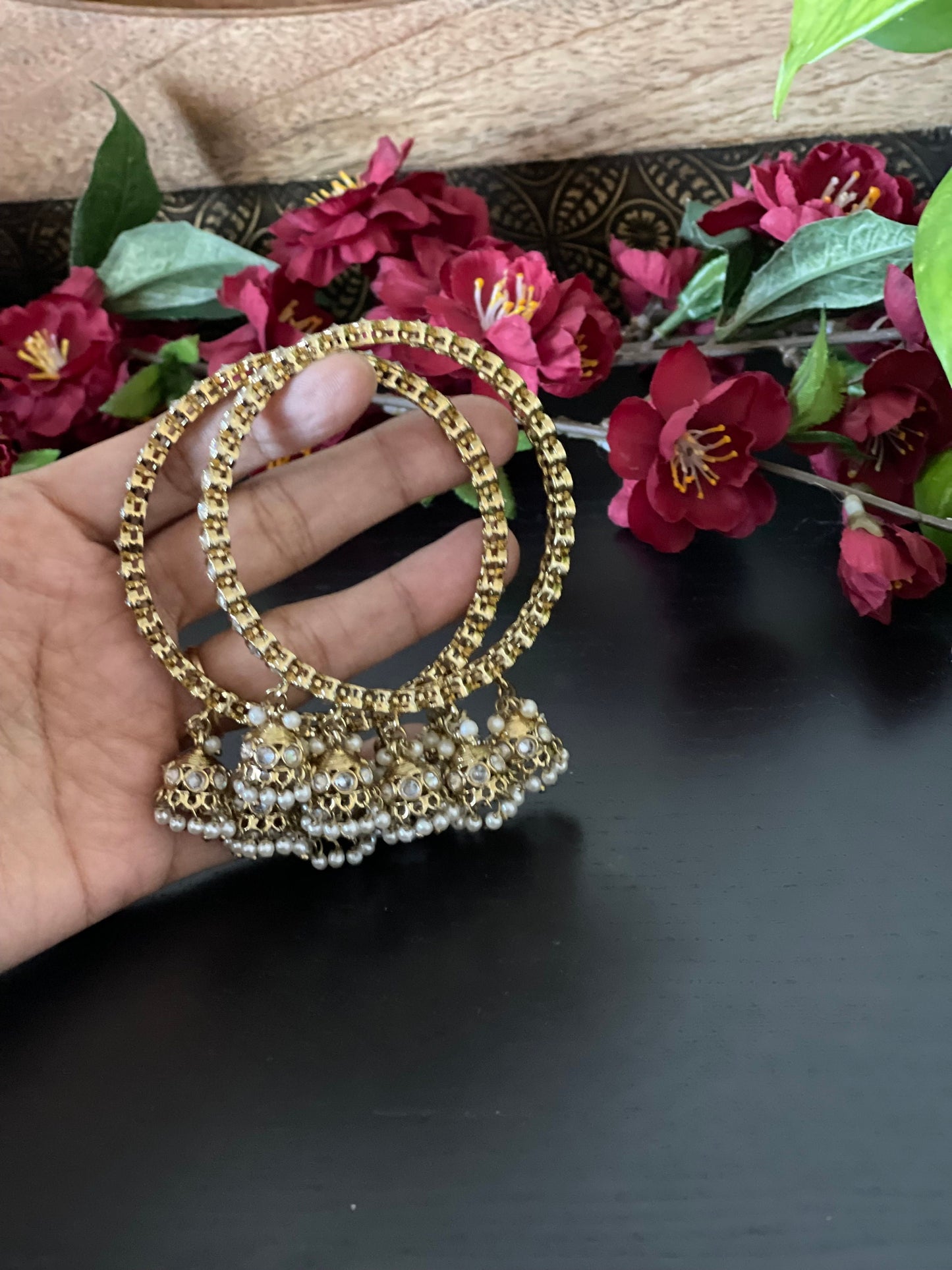 A pair of Mehendi finished polki bangles with hanging jhumkas in size 2.6” / Wedding bangles / Indian Jewelry / polki pearl bangles