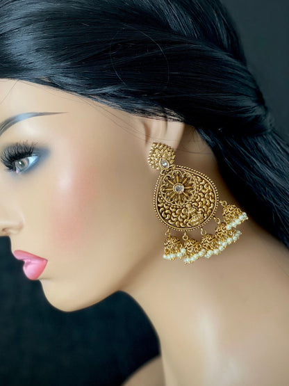 Antique Gold finished Goddess Lakshmi Jhumkas  / Women jhumki Earrings / bridal earrings / Temple Jhumka earrings