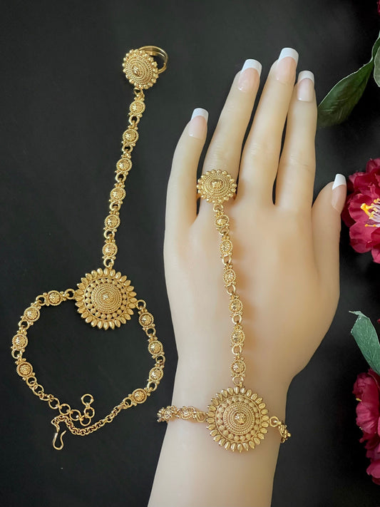 A pair of gold hathphool / Haathphool / bracelet ring Combo / Ring Bracelet/hand harness/Indian Bridal bracelet/hath panja