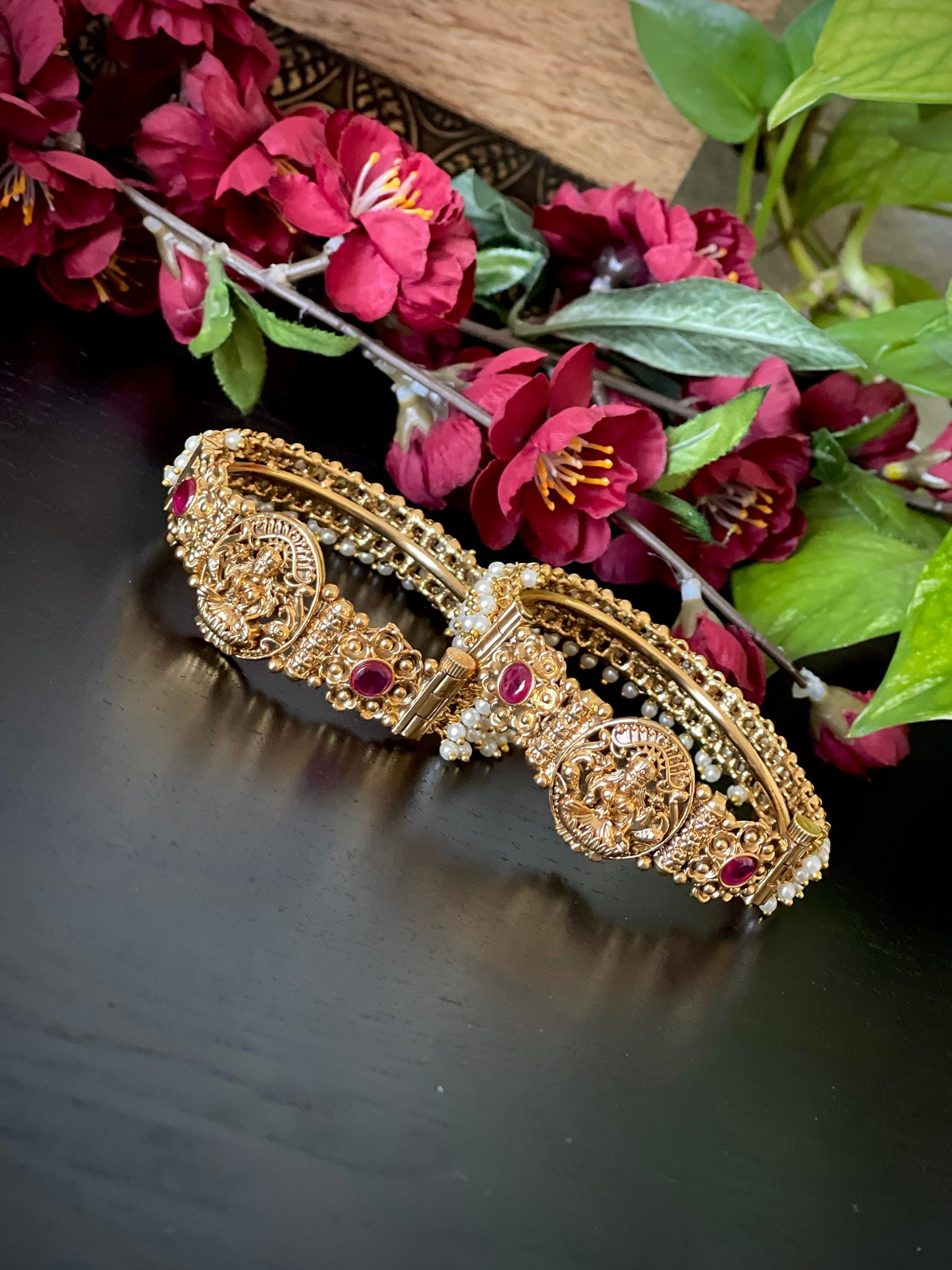 A pair of antique Gold Finished Lakshmi devi pearl openable kada /ruby Kada /bracelets/ Wedding bangles/Temple Jewelry / Nagas bracelet