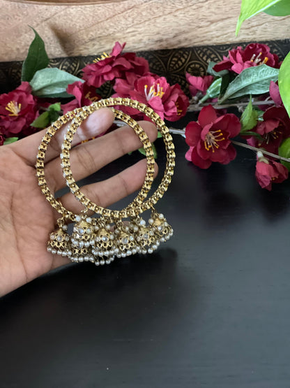A pair of Mehendi finished polki bangles with hanging jhumkas in size 2.6” / Wedding bangles / Indian Jewelry  / polki pearl bangles
