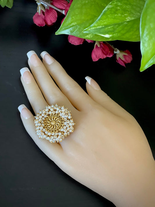 Antique gold Adjustable Finger Ring  / party wear rings / Clustered pearl gold finished rings / Bollywood rings / finger rings