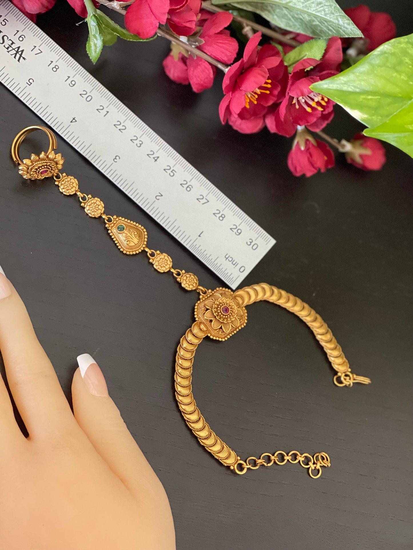 A pair of Antique gold hathphool / Haathphool / bracelet ring Combo / Gold Ring Bracelet/hand harness/Indian Bridal bracelet/hath panja