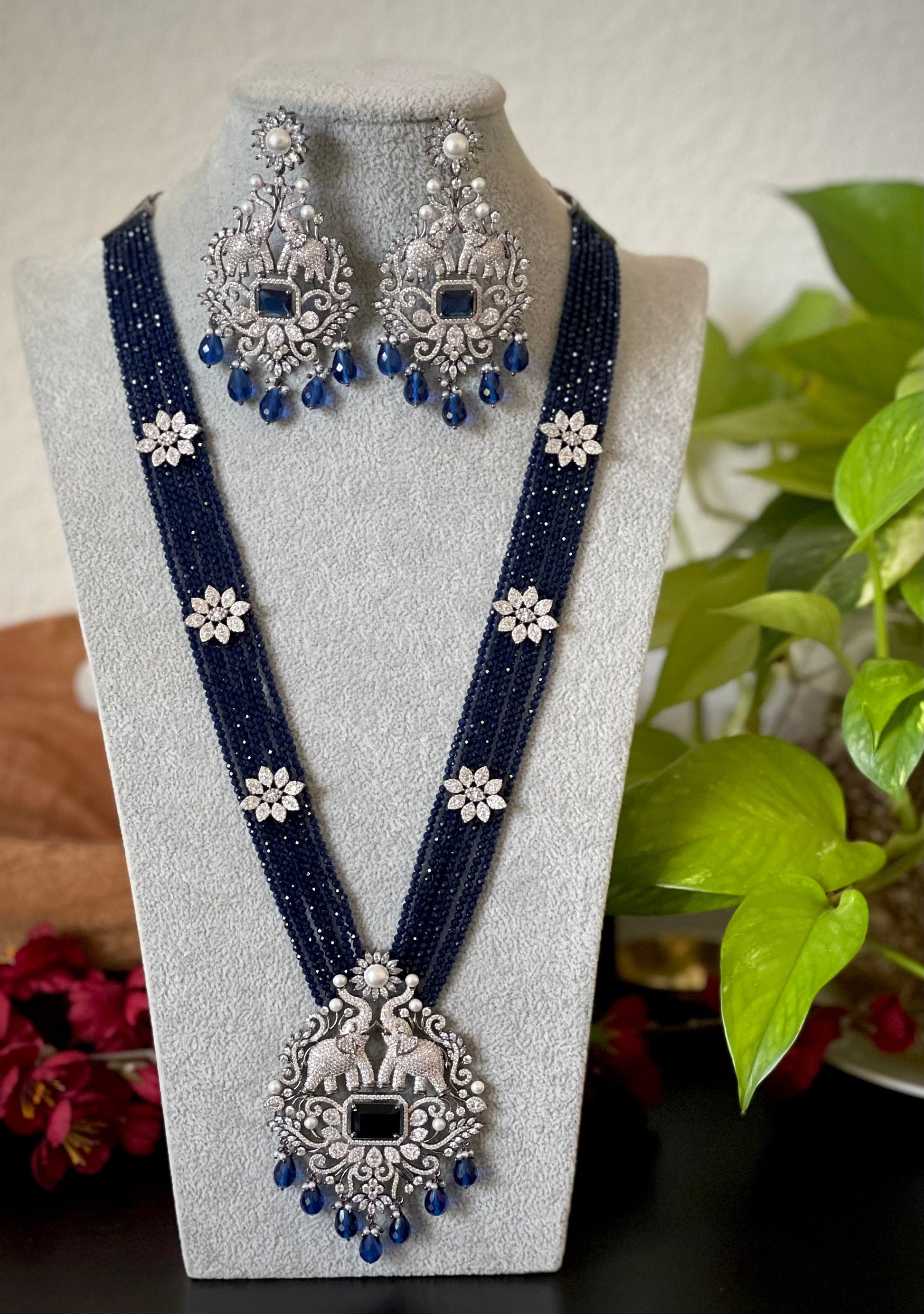 Diamond pearl long Necklace / Victorian Necklace Set / Blue beads Long Necklace Set/ Beaded long silver finish Necklace / Pakistani Jewelry