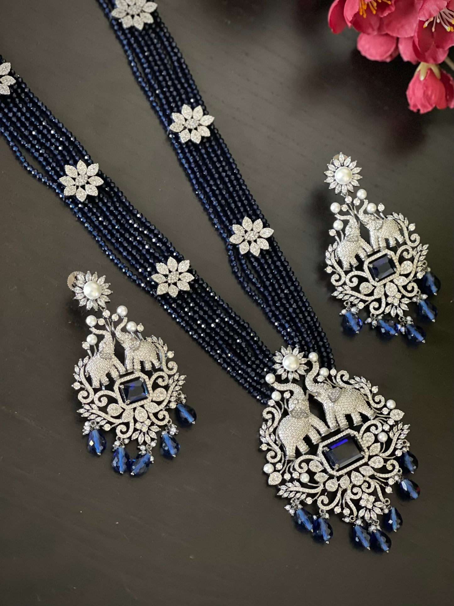 Diamond pearl long Necklace / Victorian Necklace Set / Blue beads Long Necklace Set/ Beaded long silver finish Necklace / Pakistani Jewelry