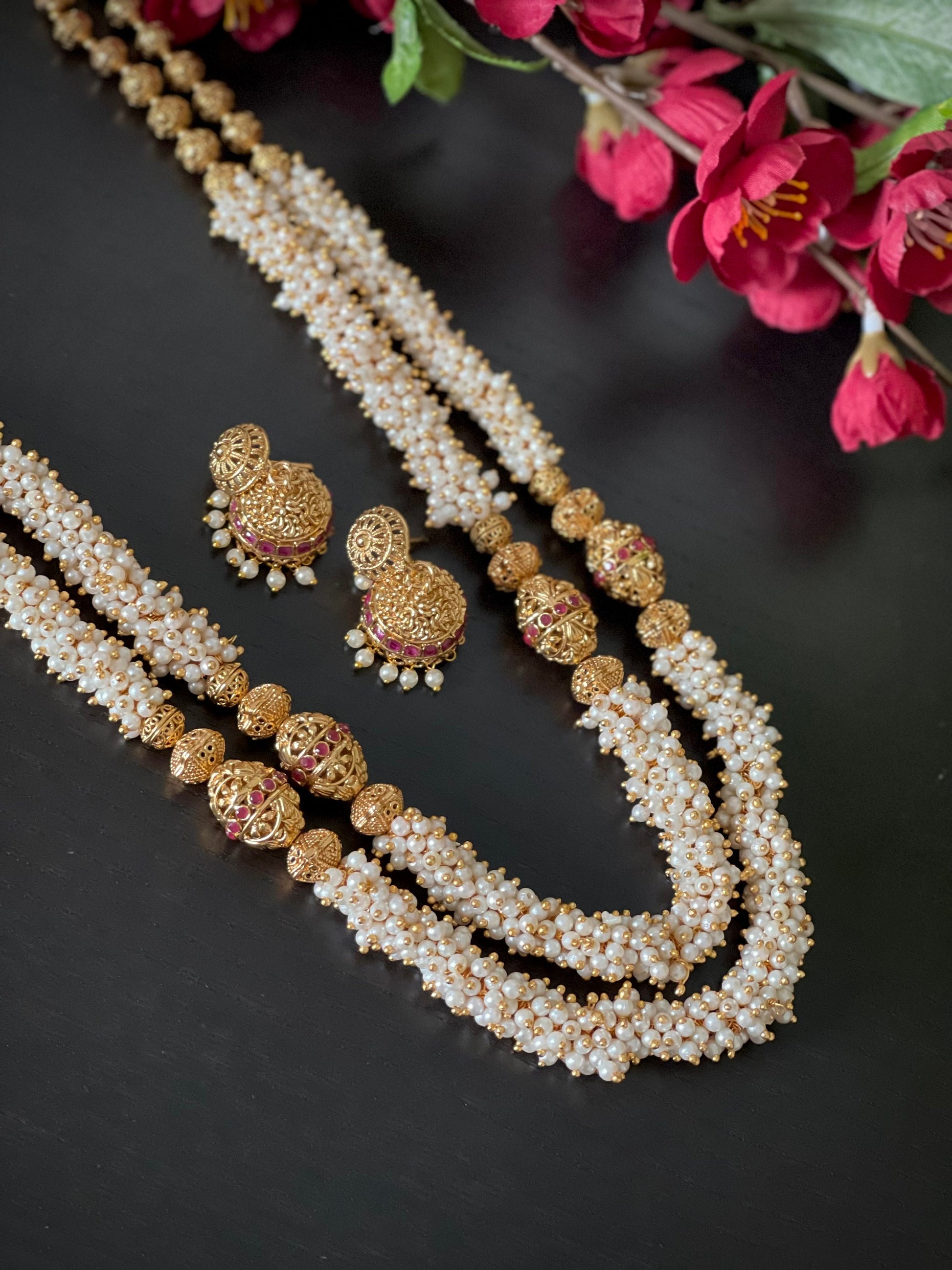 Antique Gold Two layered clustered Pearl haram necklace with matching jhumkas set / Temple jewelry / Ruby antique necklace / Bridal Jewelry