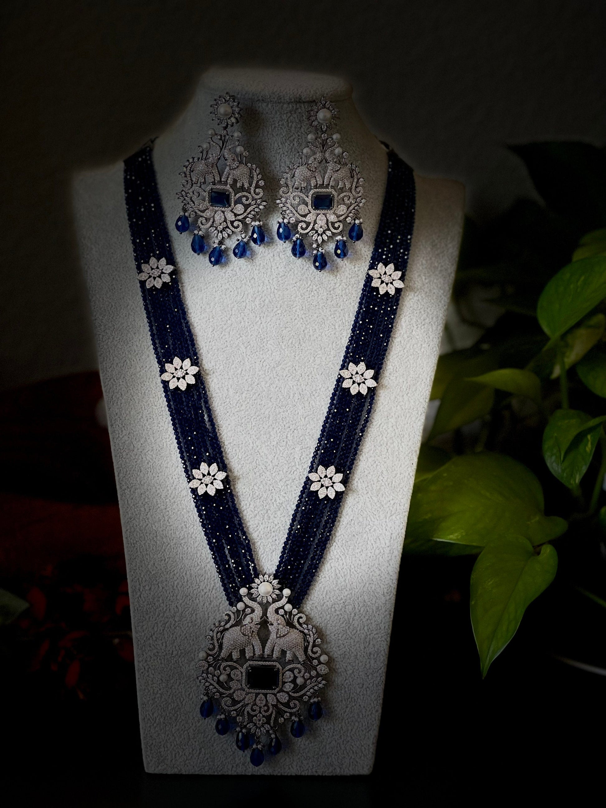 Diamond pearl long Necklace / Victorian Necklace Set / Blue beads Long Necklace Set/ Beaded long silver finish Necklace / Pakistani Jewelry