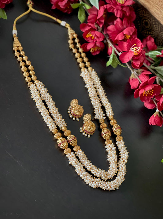 Antique Gold Two layered clustered Pearl haram necklace with matching jhumkas set / Temple jewelry / Ruby antique necklace / Bridal Jewelry