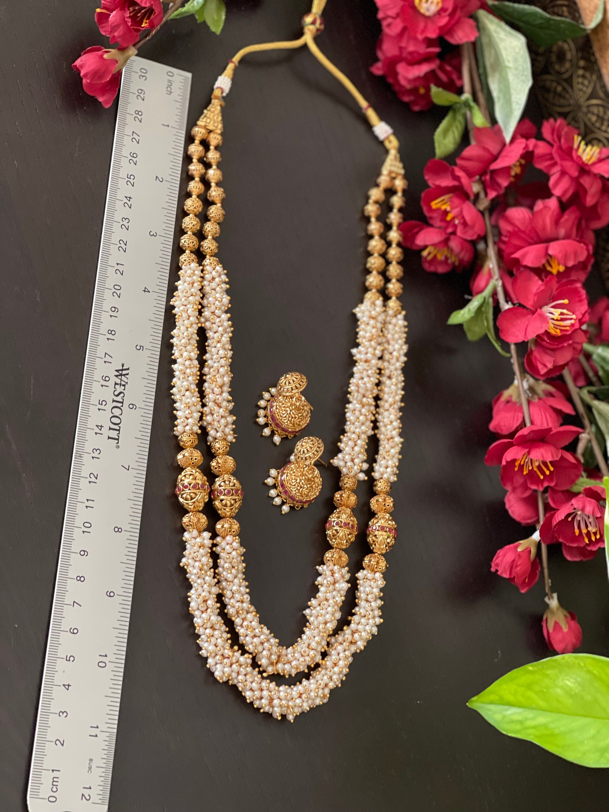 Antique Gold Two layered clustered Pearl haram necklace with matching jhumkas set / Temple jewelry / Ruby antique necklace / Bridal Jewelry