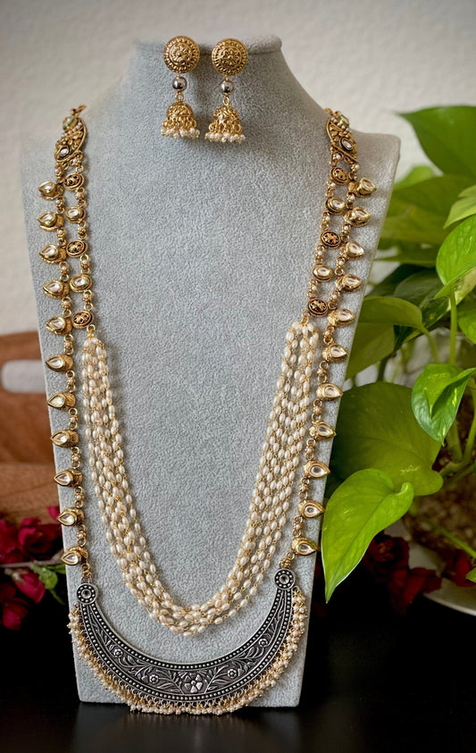 Pearl Kundan Long Necklace / Indo western Necklace / Grand Indian Necklace /Bridal Jewelry/ Bollywood Necklace Set / Kundan jewelry