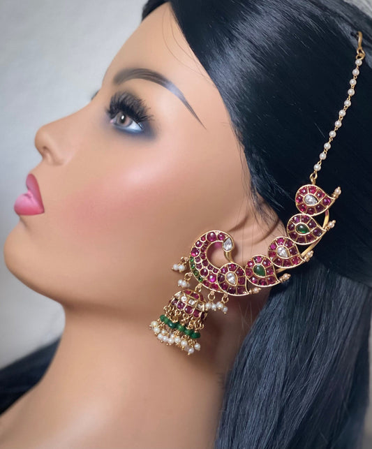 Bridal jhumkas / Red/Green Kemp stones & White Pearls Statement Ear Cuff Jhumka Earrings / Antique jhumkas / South Indian Jewelry